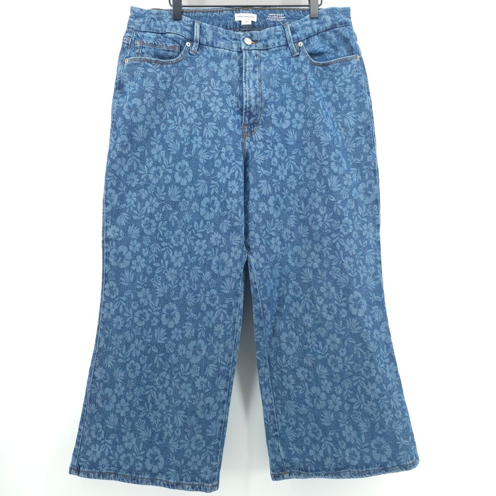 Good American Good Waist Palazzo Crop Womens Jeans 15 Blue Floral GFD462-HBP1